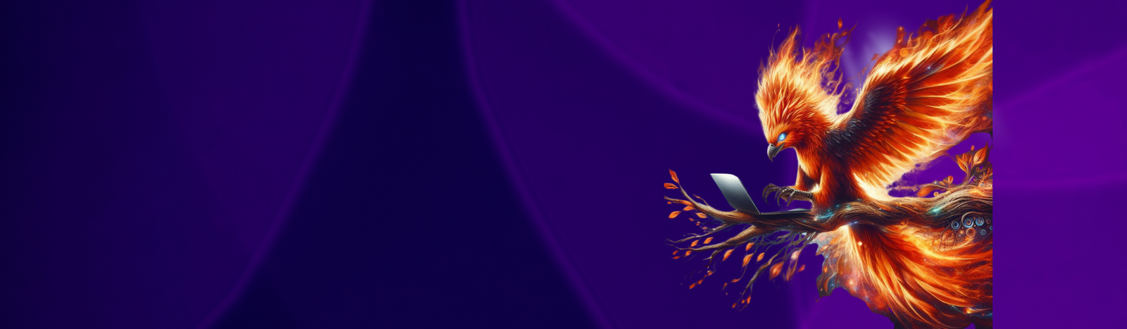 An artistic depiction of a fiery phoenix bird using a laptop.