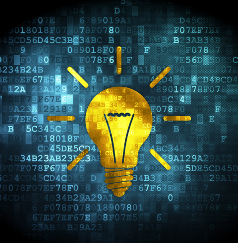 A glowing light bulb with binary code in the background, symbolizing digital ideas or innovation.
