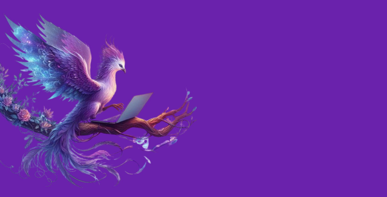 An artistic depiction of a fiery phoenix bird using a laptop.