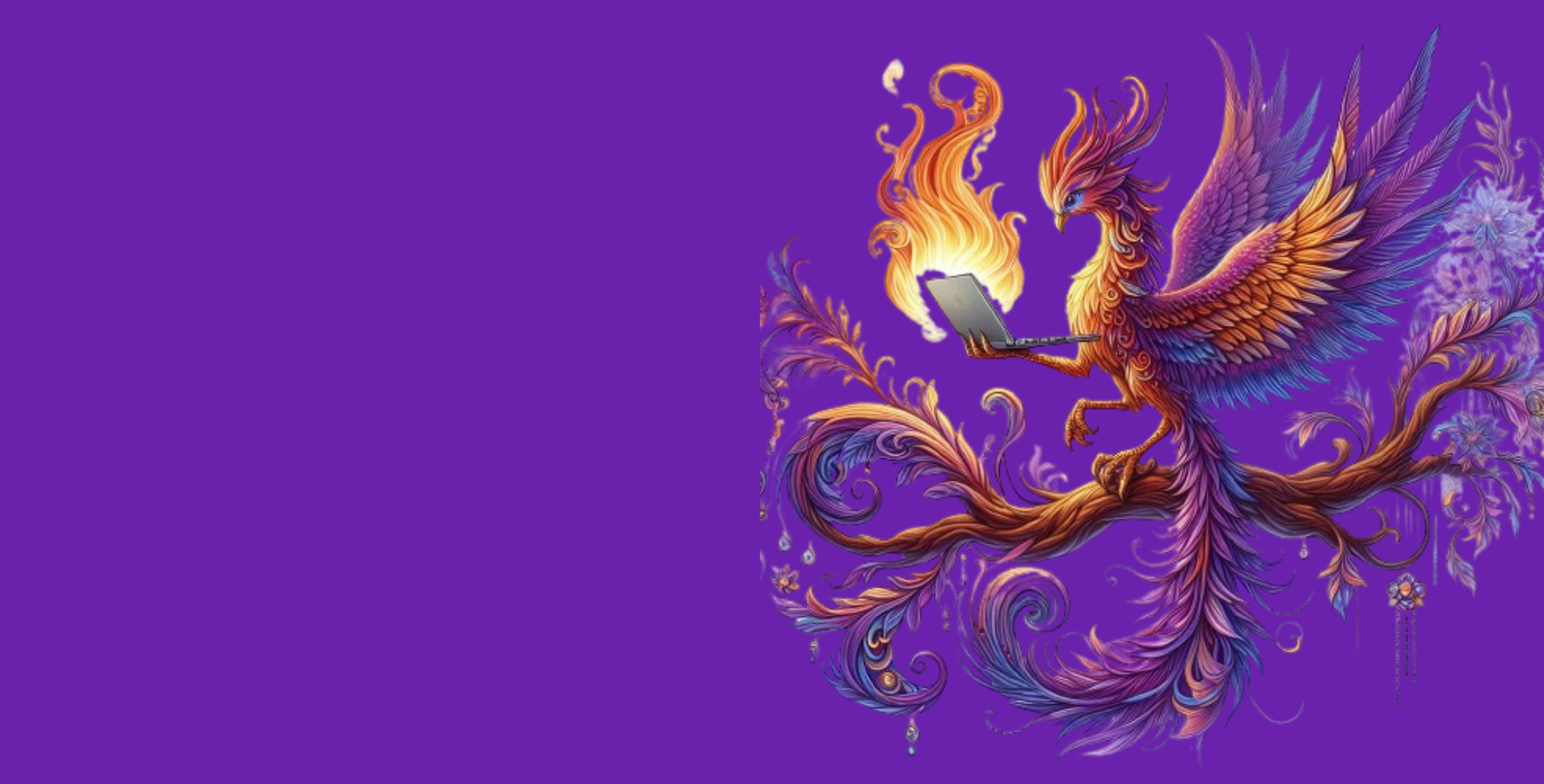 A vibrant illustration of a phoenix with fiery feathers using a laptop on a tree branch.