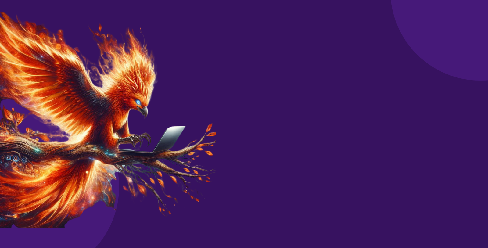 An artistic depiction of a fiery phoenix bird using a laptop.