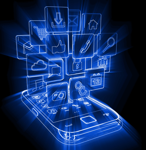 Blue holographic projection of app icons emanating from a smartphone screen in a dark background.