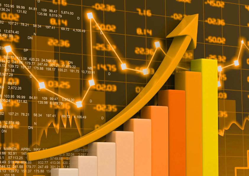 3D bar chart with upward trend arrow against digital stock market numbers background.