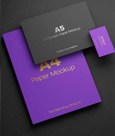 A4 and A5 branding mockup papers in landscape orientation over a dark background.